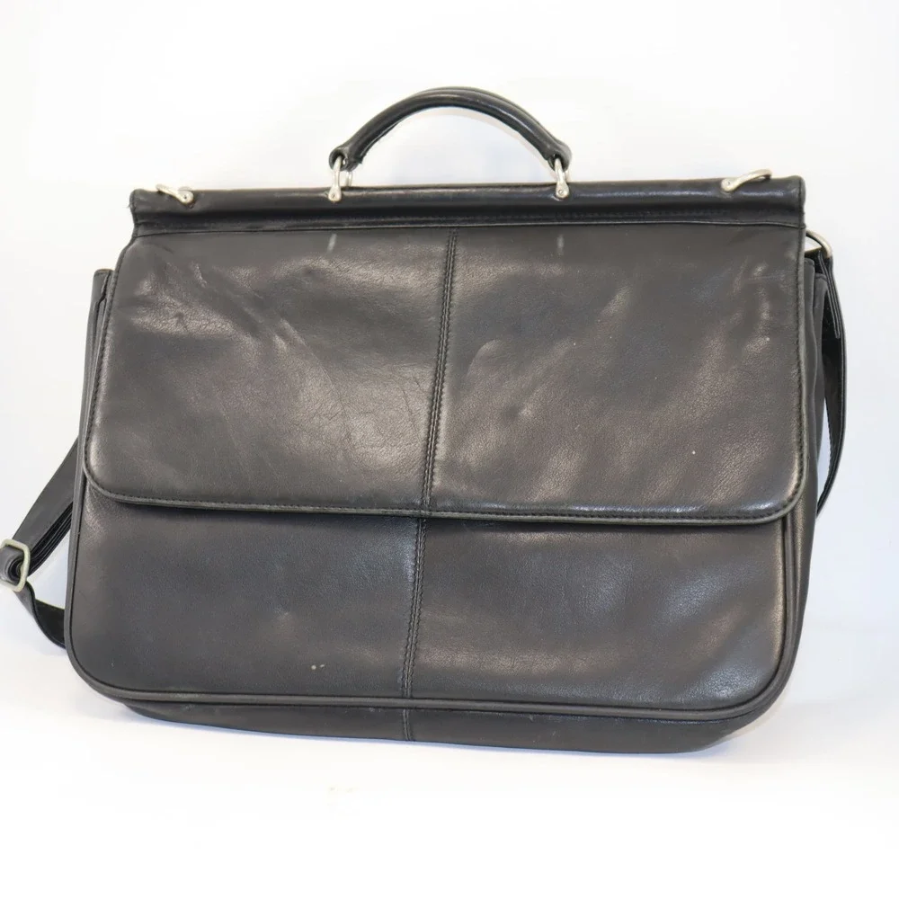 Kenneth Cole Reaction Briefcase Mens OS Black Leather Messenger Laptop Bag